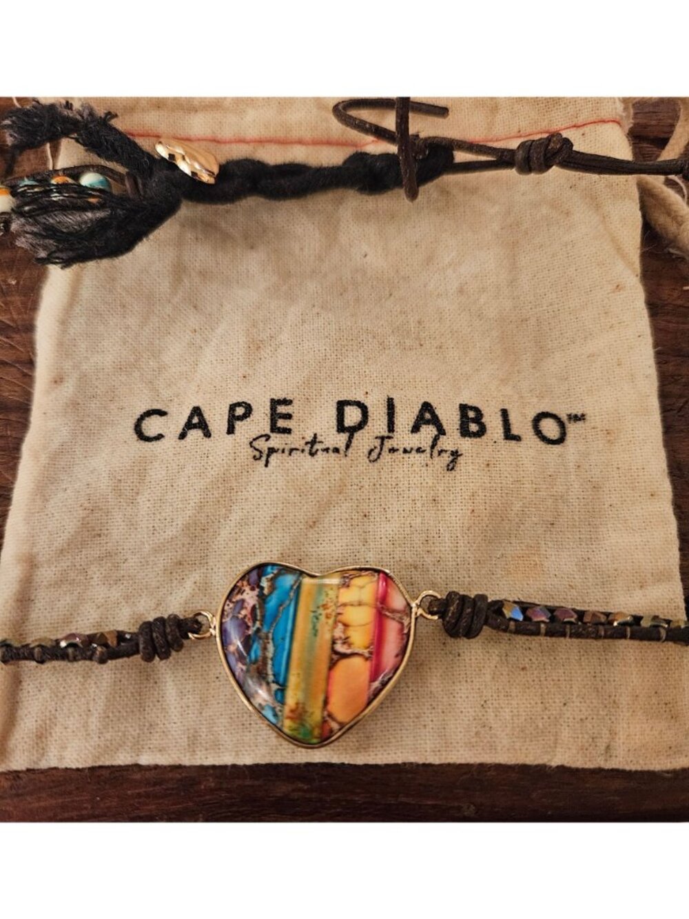 NEW Handmade Cape Diablo Rainbow Gemstone Heart Necklace With Leather & Beads